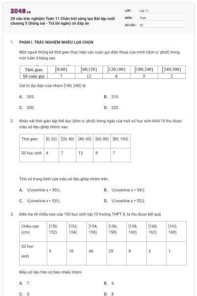 20 câu trắc nghiệm Toán 11 Chân trời sáng tạo Bài tập cuối chương 5 (Đúng sai - Trả lời ngắn) có đáp án