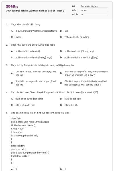 300+ câu trắc nghiệm Lập trình mạng có đáp án - Phần 2