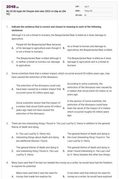 Bộ 20 đề luyện thi Chuyên Anh năm 2023 có đáp án (Đề 92)