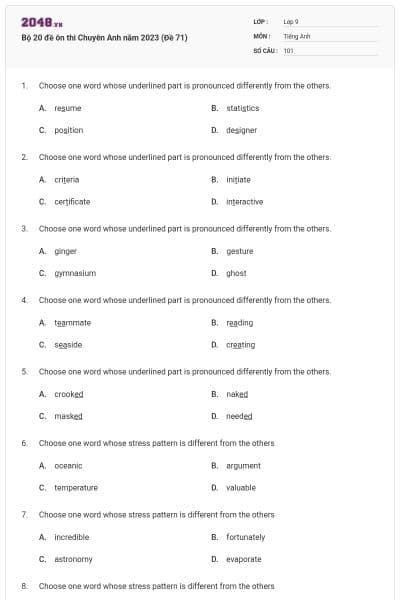 Bộ 20 đề ôn thi Chuyên Anh năm 2023 (Đề 71)