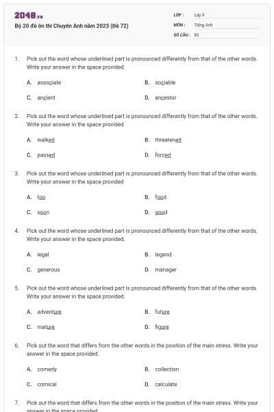 Bộ 20 đề ôn thi Chuyên Anh năm 2023 (Đề 72)