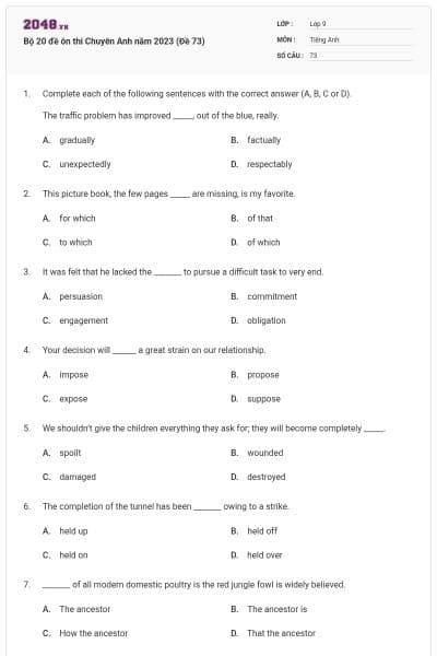 Bộ 20 đề ôn thi Chuyên Anh năm 2023 (Đề 73)