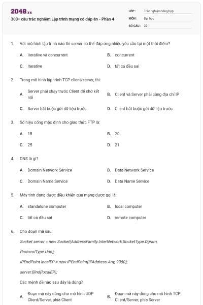300+ câu trắc nghiệm Lập trình mạng có đáp án - Phần 4