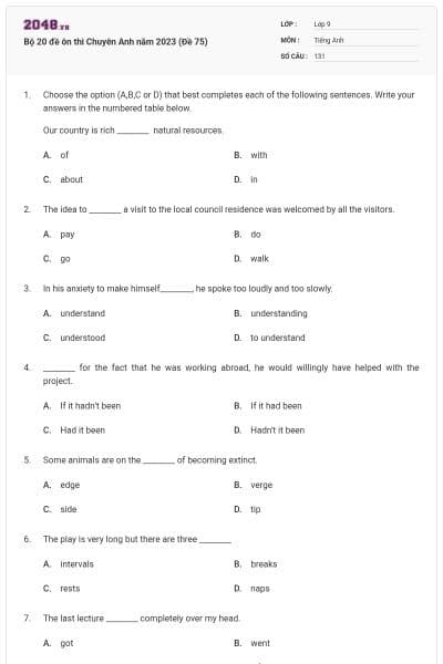Bộ 20 đề ôn thi Chuyên Anh năm 2023 (Đề 75)