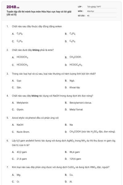 Tuyển tập đề thi minh họa môn Hóa Học cực hay có lời giải (đề số 8)