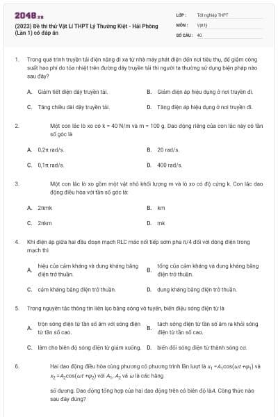 (2023) Đề thi thử Vật Lí THPT Lý Thường Kiệt - Hải Phòng (Lần 1) có đáp án