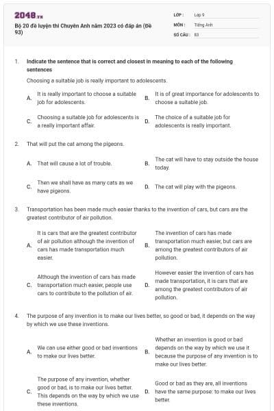 Bộ 20 đề luyện thi Chuyên Anh năm 2023 có đáp án (Đề 93)