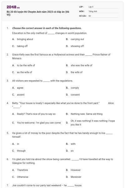 Bộ 20 đề luyện thi Chuyên Anh năm 2023 có đáp án (Đề 95)