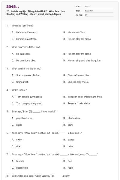 20 câu trắc nghiệm Tiếng Anh 4 Unit 2: What I can do - Reading and Writing - iLearn smart start có đáp án