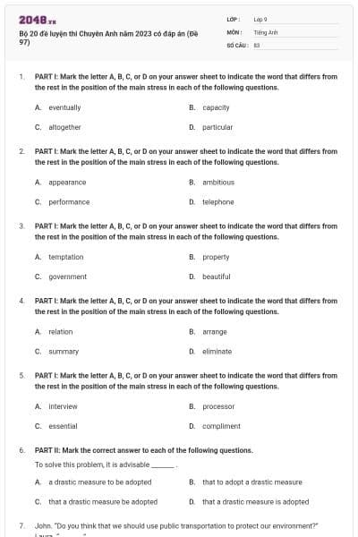 Bộ 20 đề luyện thi Chuyên Anh năm 2023 có đáp án (Đề 97)