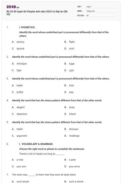 Bộ 20 đề luyện thi Chuyên Anh năm 2023 có đáp án (Đề 99)