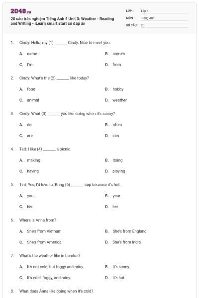 20 câu trắc nghiệm Tiếng Anh 4 Unit 3: Weather - Reading and Writing - iLearn smart start có đáp án