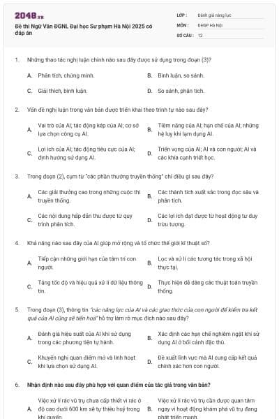 Đề thi Ngữ Văn ĐGNL Đại học Sư phạm Hà Nội 2025 có đáp án