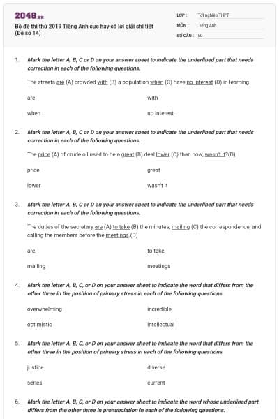 Bộ đề thi thử 2019 Tiếng Anh cực hay có lời giải chi tiết (Đề số 14)
