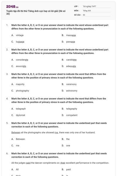 Tuyển tập đề thi thử Tiếng Anh cực hay có lời giải (Đề số 30)