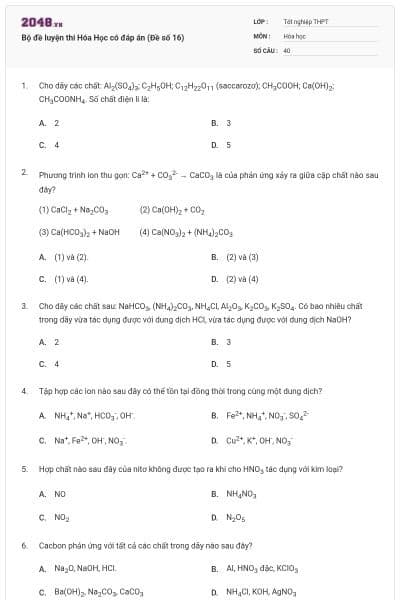 Bộ đề luyện thi Hóa Học có đáp án (Đề số 16)