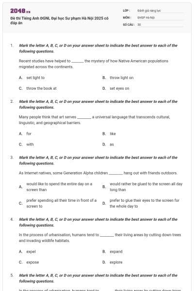 Đề thi Tiếng Anh ĐGNL Đại học Sư phạm Hà Nội 2025 có đáp án