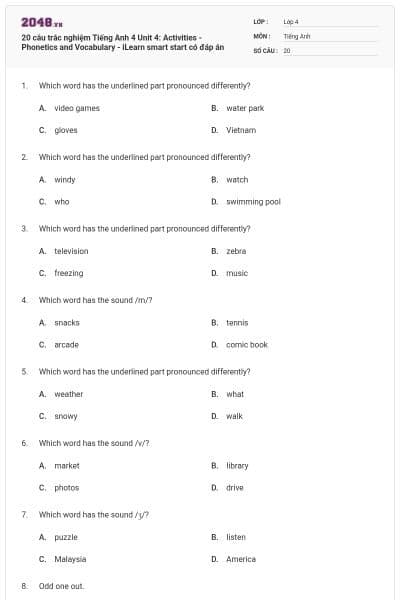 20 câu trắc nghiệm Tiếng Anh 4 Unit 4: Activities - Phonetics and Vocabulary - iLearn smart start có đáp án