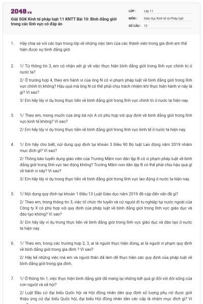 Giải SGK Kinh tế pháp luật 11 KNTT Bài 10: Bình đẳng giới trong các lĩnh vực có đáp án