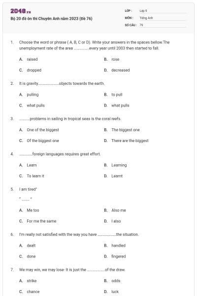 Bộ 20 đề ôn thi Chuyên Anh năm 2023 (Đề 76)