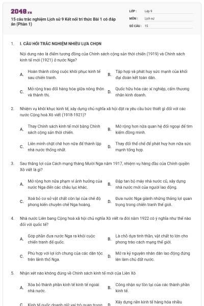 15 câu trắc nghiệm Lịch sử 9 Kết nối tri thức Bài 1 có đáp án (Phần 1)
