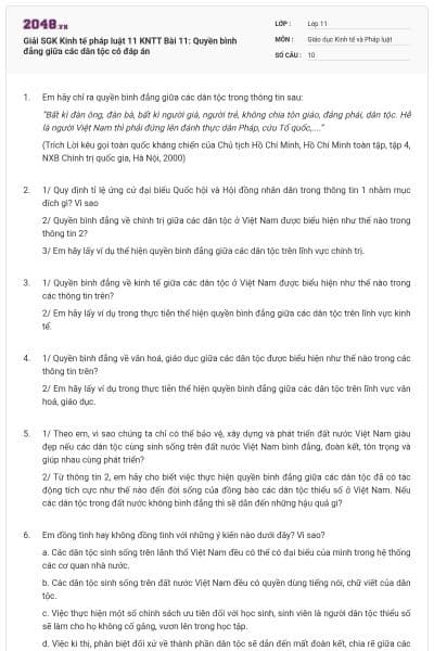 Giải SGK Kinh tế pháp luật 11 KNTT Bài 11: Quyền bình đẳng giữa các dân tộc có đáp án