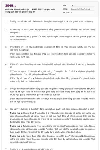 Giải SGK Kinh tế pháp luật 11 KNTT Bài 12: Quyền bình đẳng giữa các tôn giáo có đáp án
