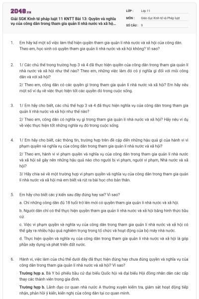 Giải SGK Kinh tế pháp luật 11 KNTT Bài 13: Quyền và nghĩa vụ của công dân trong tham gia quản lí nhà nước và xã hội có đáp án