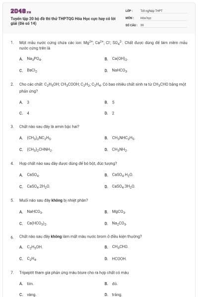 Tuyển tập 20 bộ đề thi thử THPTQG Hóa Học cực hay có lời giải (Đề số 14)