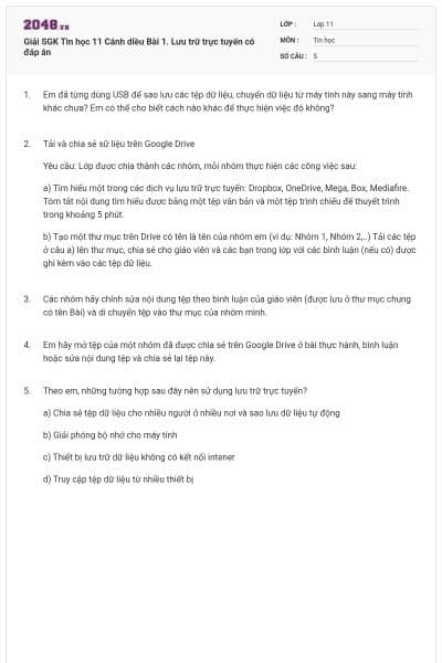 Giải SGK Tin học 11 Cánh diều Bài 1. Lưu trữ trực tuyến có đáp án