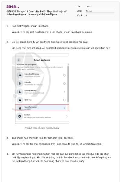 Giải SGK Tin học 11 Cánh diều Bài 3. Thực hành một số tính năng nâng cao của mạng xã hội có đáp án