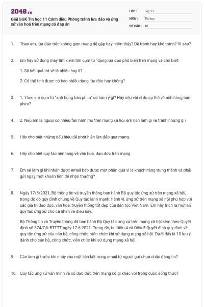 Giải SGK Tin học 11 Cánh diều Phòng tránh lừa đảo và ứng xử văn hoá trên mạng có đáp án