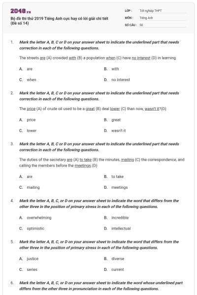 Bộ đề thi thử 2019 Tiếng Anh cực hay có lời giải chi tiết (Đề số 14)
