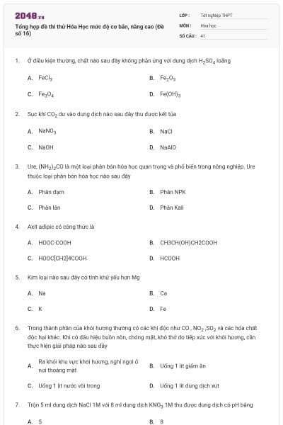 Tổng hợp đề thi thử Hóa Học mức độ cơ bản, nâng cao (Đề số 16)