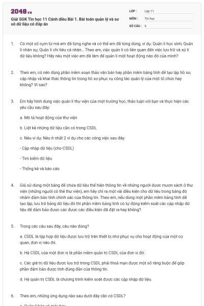 Giải SGK Tin học 11 Cánh diều Bài 1. Bài toán quản lý và sơ sở dữ liệu có đáp án