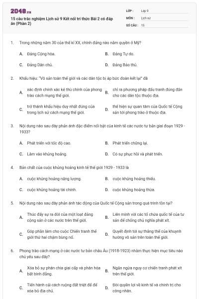 15 câu trắc nghiệm Lịch sử 9 Kết nối tri thức Bài 2 có đáp án (Phần 2)