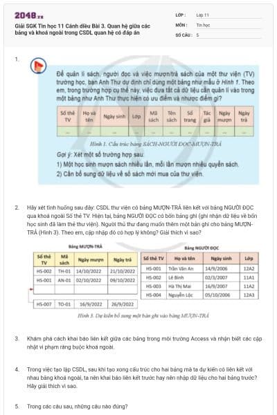 Giải SGK Tin học 11 Cánh diều Bài 3. Quan hệ giữa các bảng và khoá ngoài trong CSDL quan hệ có đáp án