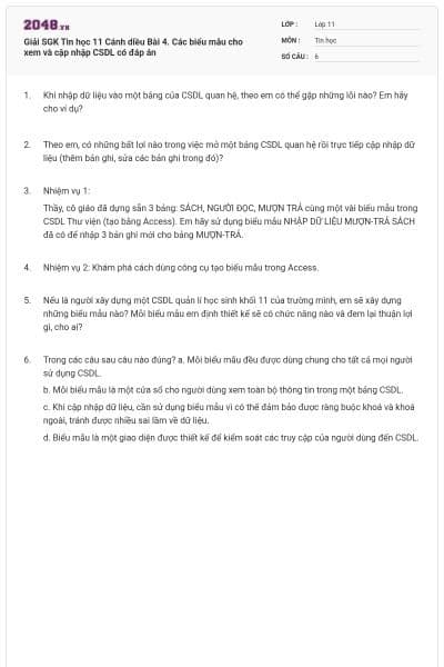 Giải SGK Tin học 11 Cánh diều Bài 4. Các biểu mẫu cho xem và cập nhập CSDL có đáp án