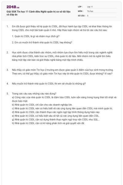Giải SGK Tin học 11 Cánh diều Nghề quản trị cơ sở dữ liệu có đáp án