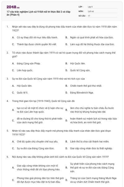 17 câu trắc nghiệm Lịch sử 9 Kết nối tri thức Bài 2 có đáp án (Phần 4)