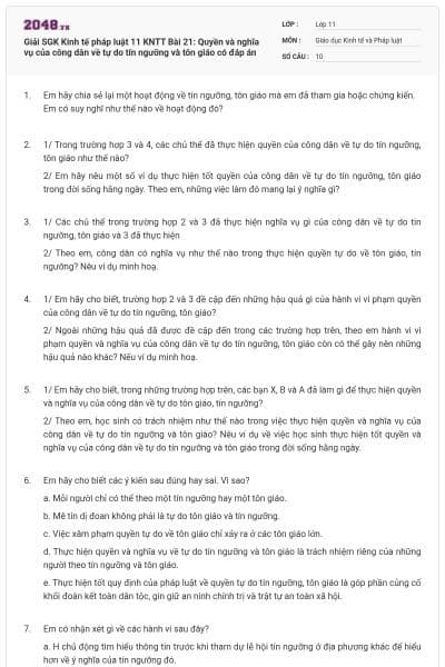 Giải SGK Kinh tế pháp luật 11 KNTT Bài 21: Quyền và nghĩa vụ của công dân về tự do tín ngưỡng và tôn giáo có đáp án
