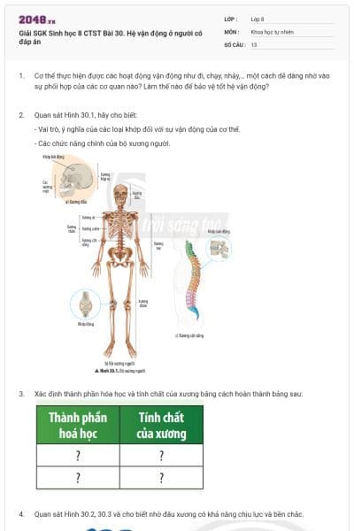 Giải SGK Sinh học 8 CTST Bài 30. Hệ vận động ở người có đáp án