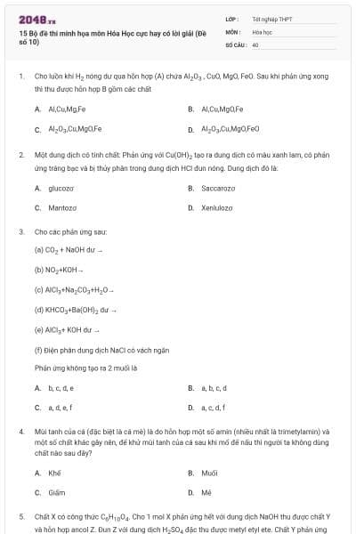 15 Bộ đề thi minh họa môn Hóa Học cực hay có lời giải (Đề số 10)