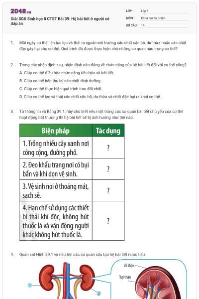 Giải SGK Sinh học 8 CTST Bài 39: Hệ bài tiết ở người có đáp án