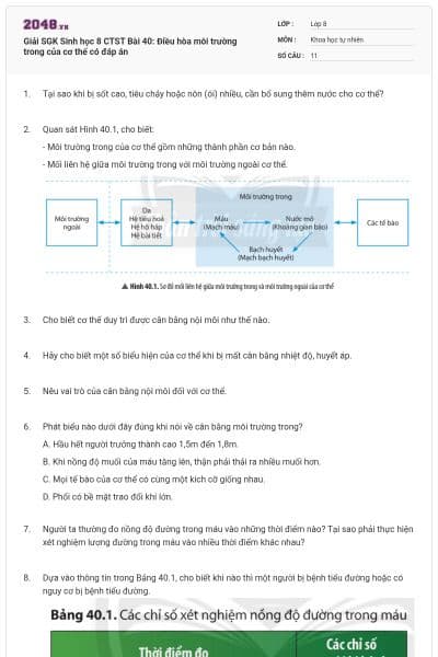 Giải SGK Sinh học 8 CTST Bài 40: Điều hòa môi trường trong của cơ thể có đáp án