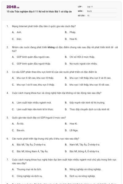 15 câu Trắc nghiệm Địa lí 11 Kế nối tri thức Bài 1 có đáp án