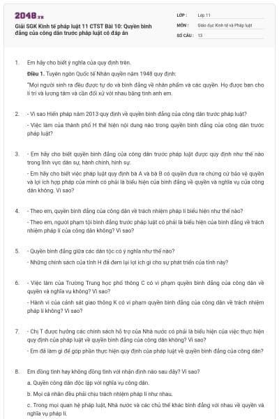 Giải SGK Kinh tế pháp luật 11 CTST Bài 10: Quyền bình đẳng của công dân trước pháp luật có đáp án