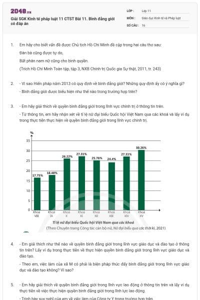 Giải SGK Kinh tế pháp luật 11 CTST Bài 11. Bình đẳng giới có đáp án