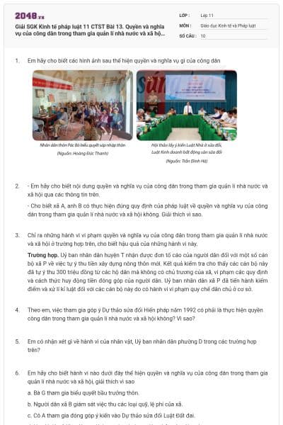 Giải SGK Kinh tế pháp luật 11 CTST Bài 13. Quyền và nghĩa vụ của công dân trong tham gia quản lí nhà nước và xã hội có đáp án