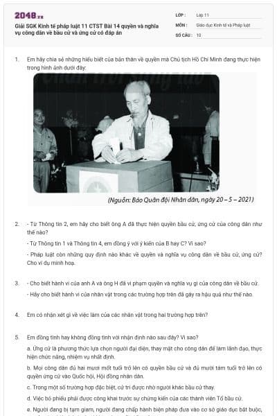 Giải SGK Kinh tế pháp luật 11 CTST Bài 14 quyền và nghĩa vụ công dân về bầu cử và ứng cử có đáp án